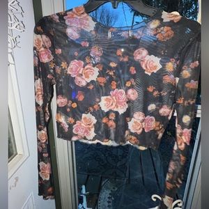 🌹 translucent blouse top women’s black floral print long sleeve